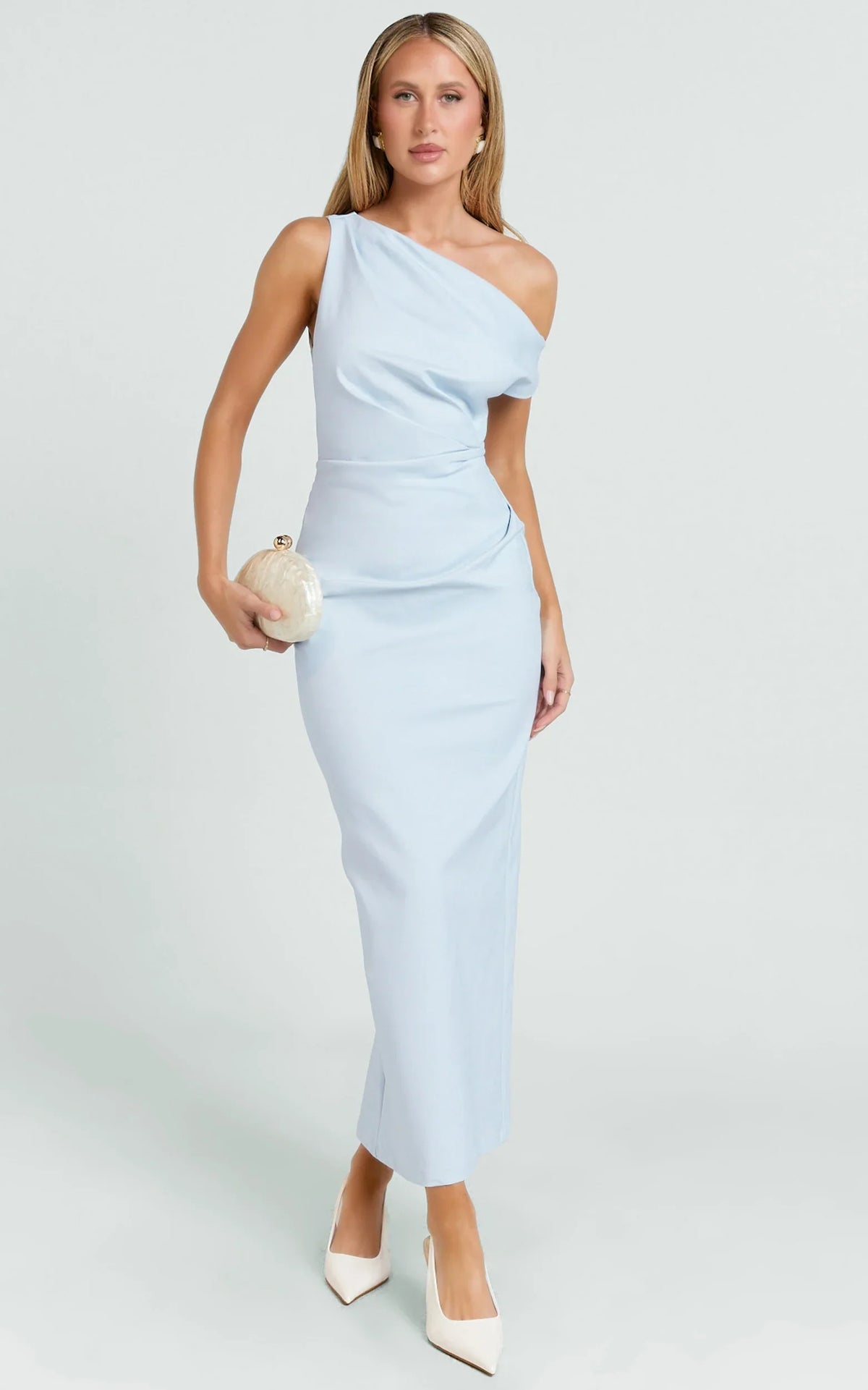 Alexandria Midi Dress - Blue Draped Fitted Dress with Shoulder Detail