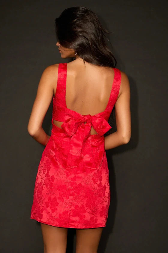 Perfectly Flirty Red Floral Jacquard Tie-Back Mini Dress