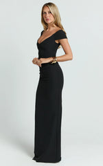 Veronika Maxi Dress - Off-Shoulder Plunge High Split Dress in Black
