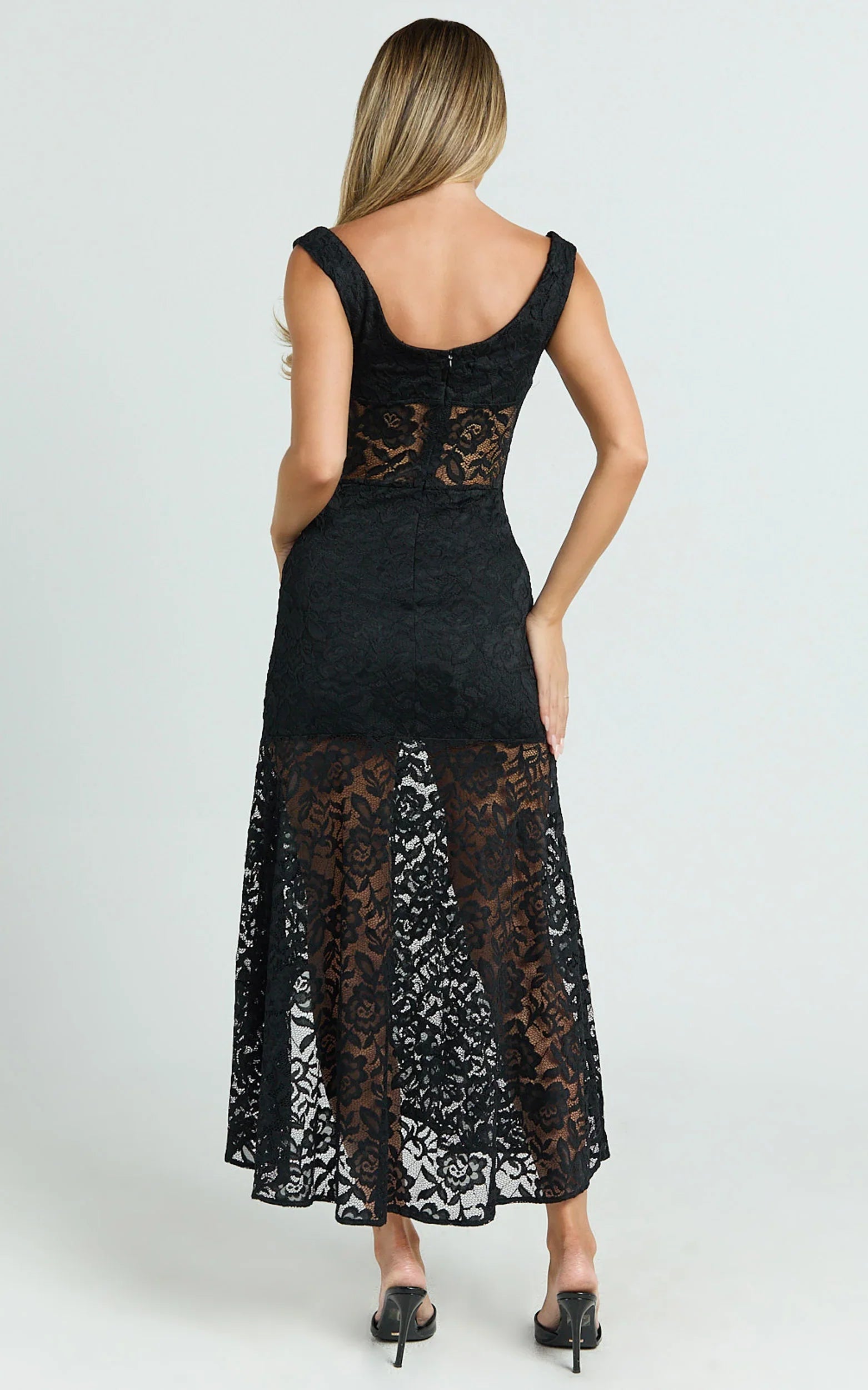 Tatum Midi Dress - Lace Off-Shoulder Side Split Dress in Black