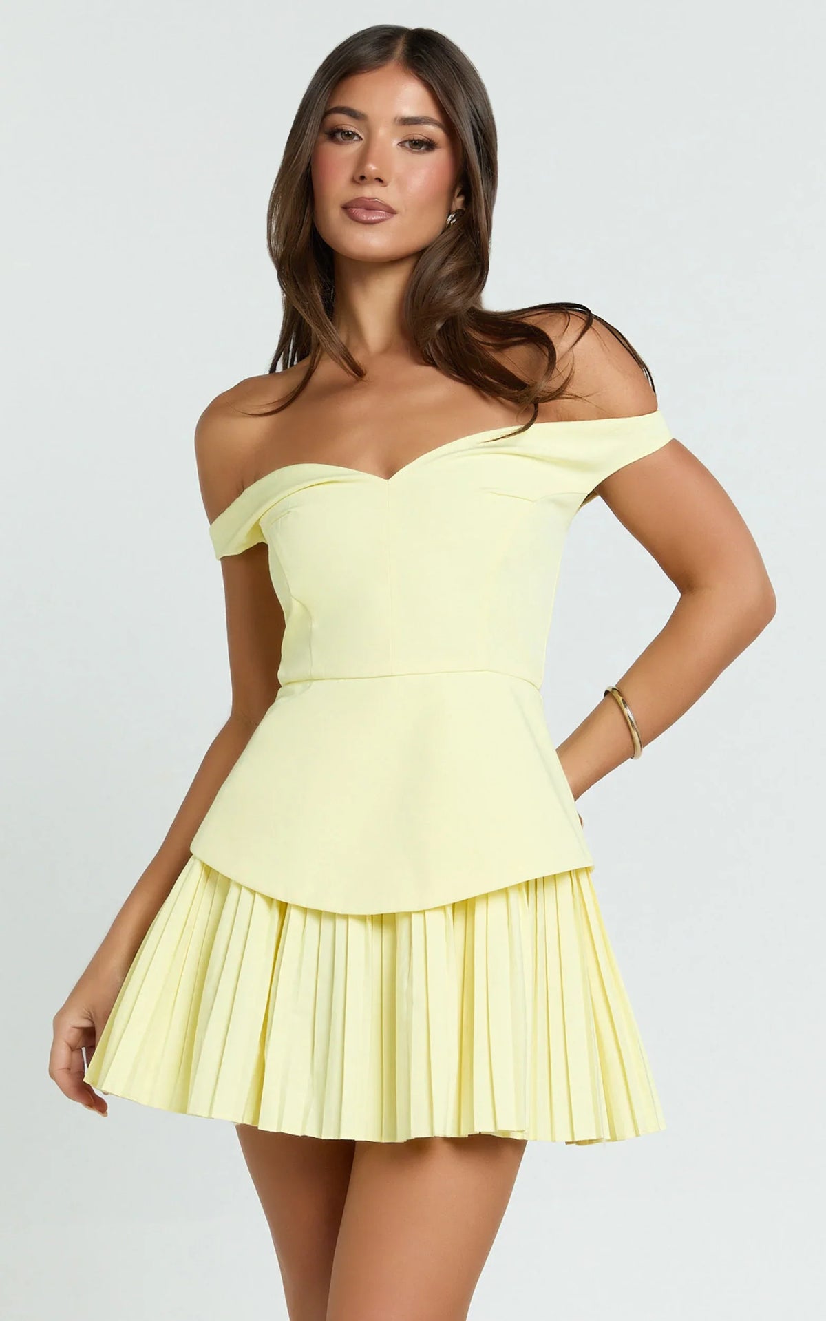 Izara Mini Dress - Off-Shoulder Pleated Dress in Lemon