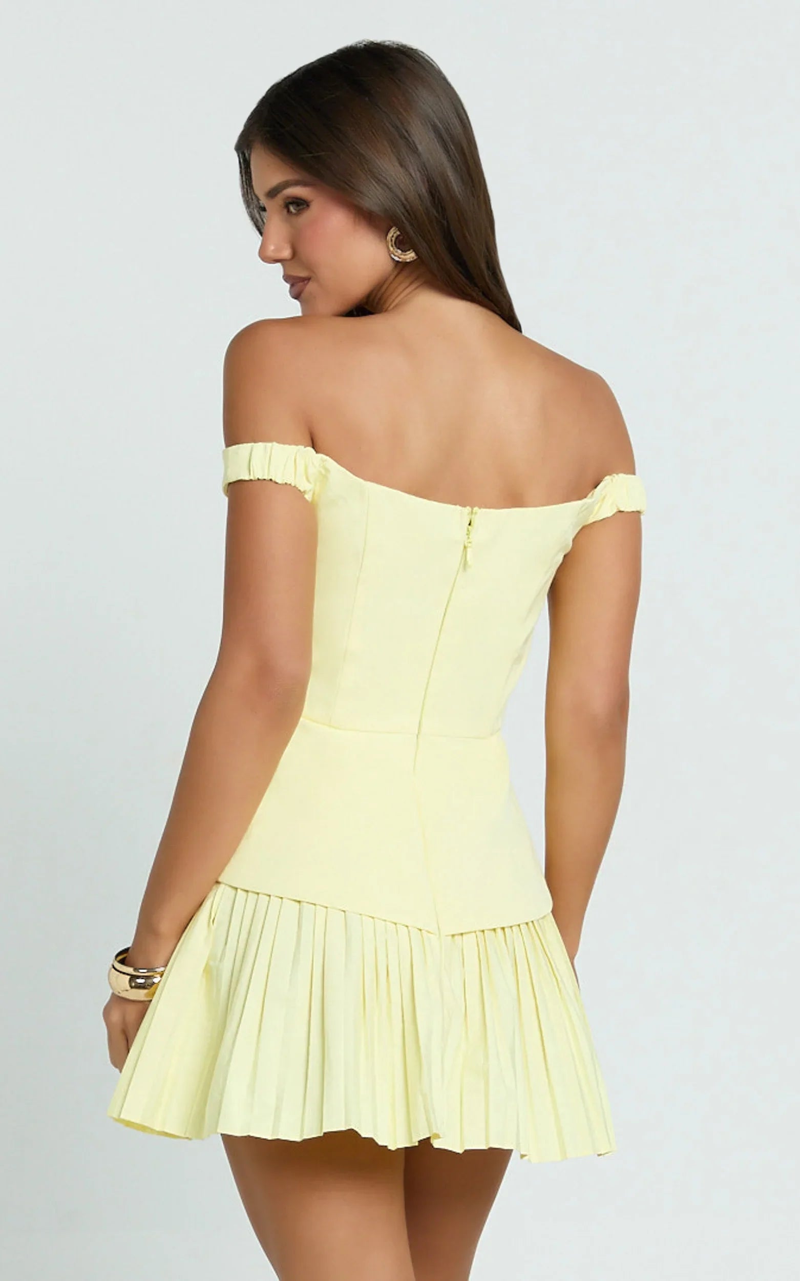 Izara Mini Dress - Off-Shoulder Pleated Dress in Lemon
