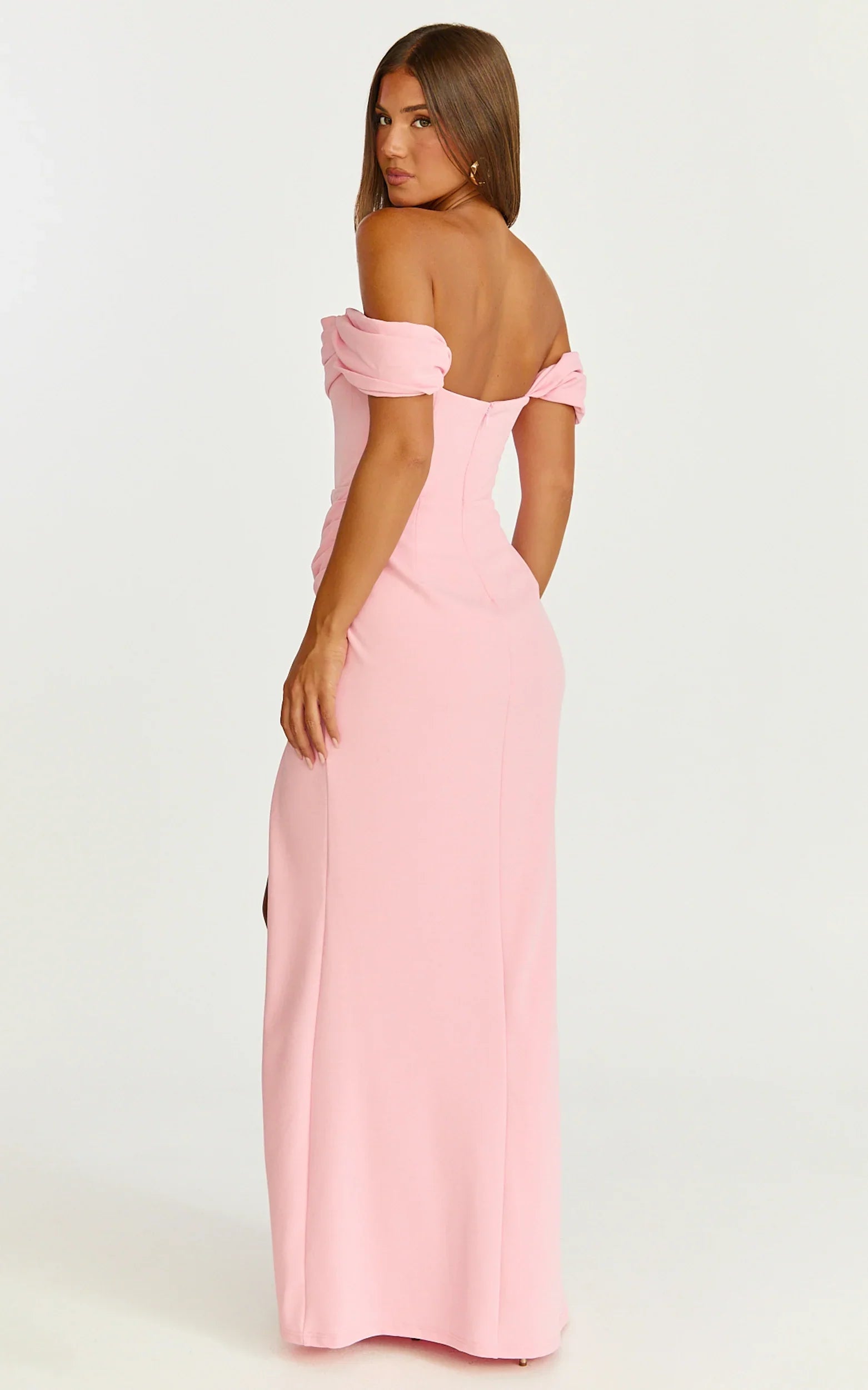 Marcel Maxi Dress - Off-Shoulder Corset High Slit Dress in Pink