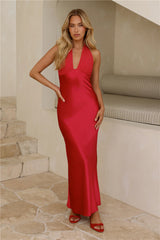 Luxury Satin Halter Neck Maxi Dress Red