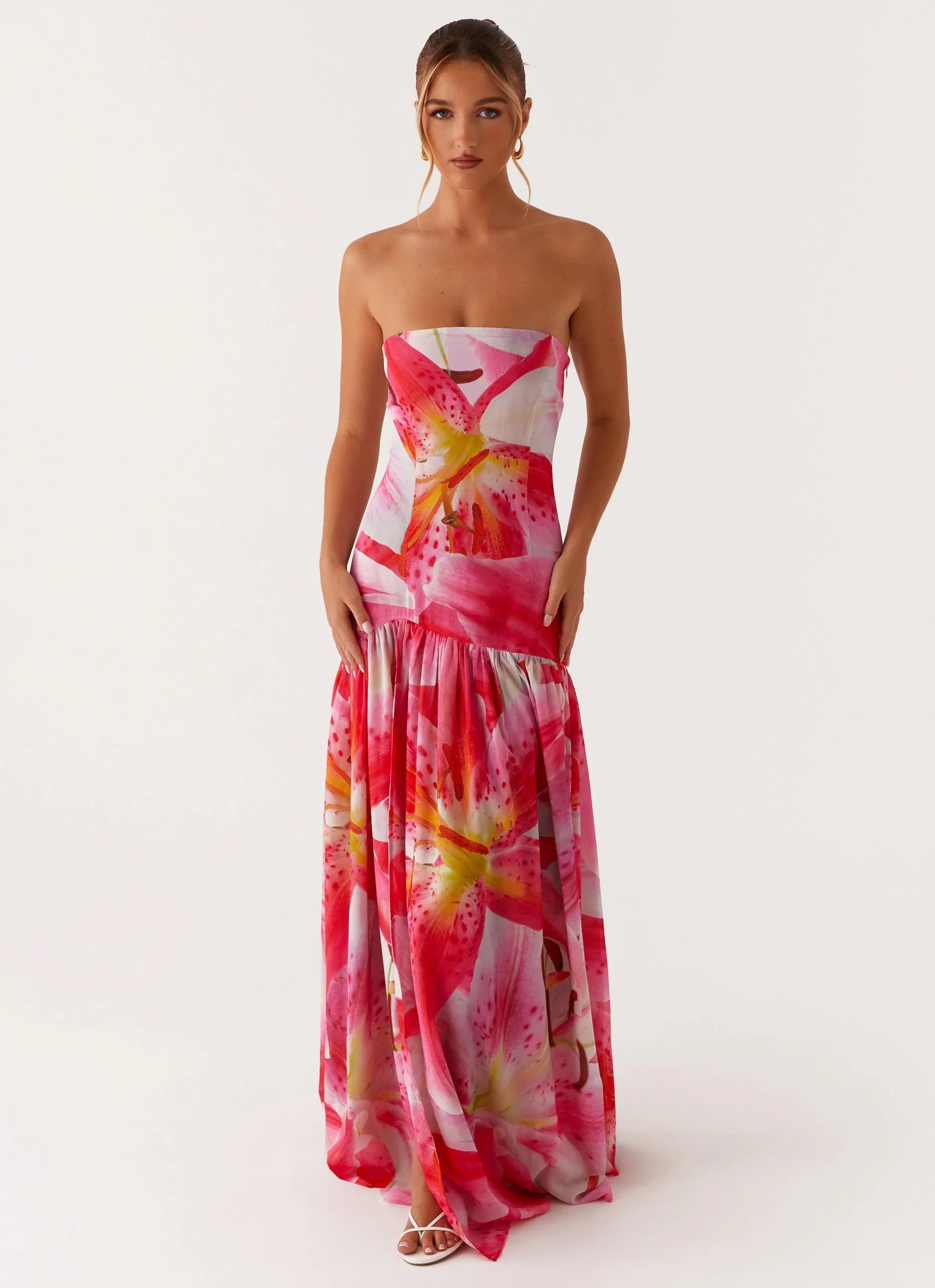 Eden Strapless Maxi Dress - White Pink Lily