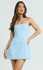 Catharine Mini Dress - Blue Strapless A-Line Dress