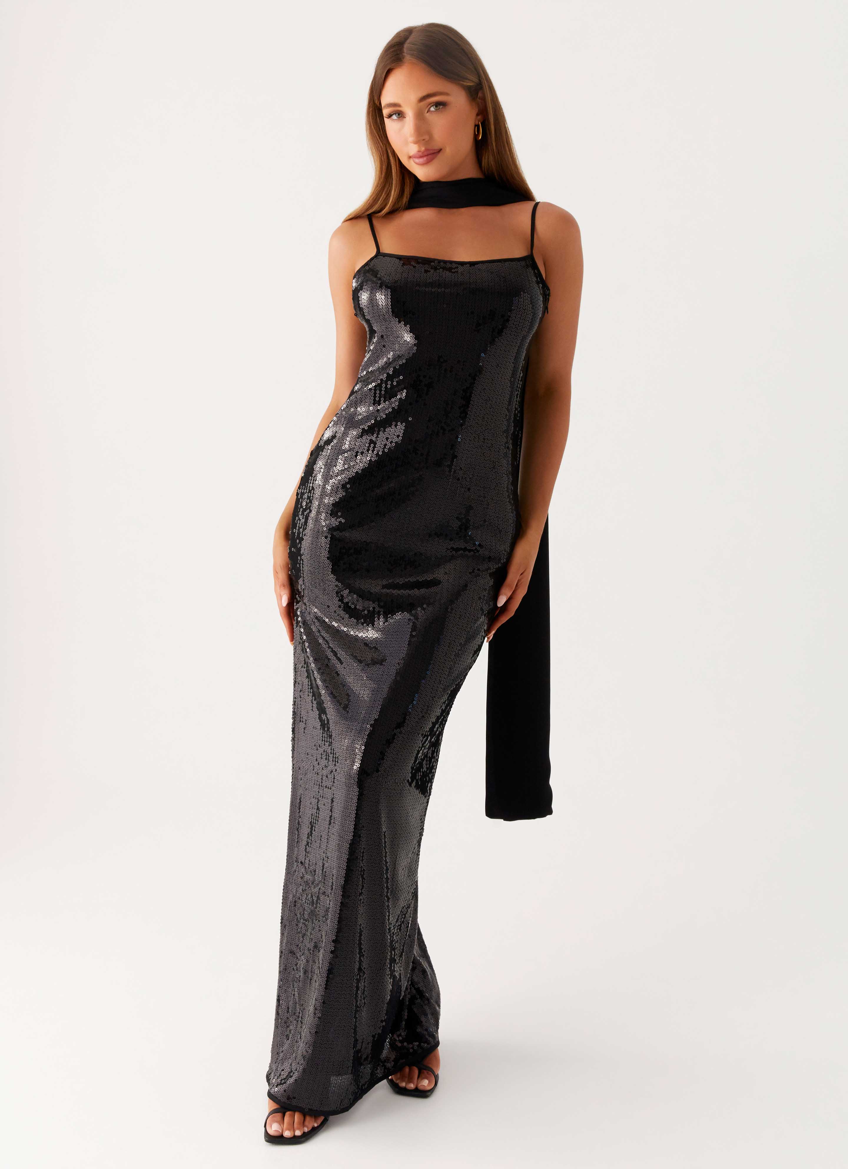 Scarf Neck Sequin Maxi Dress - Black