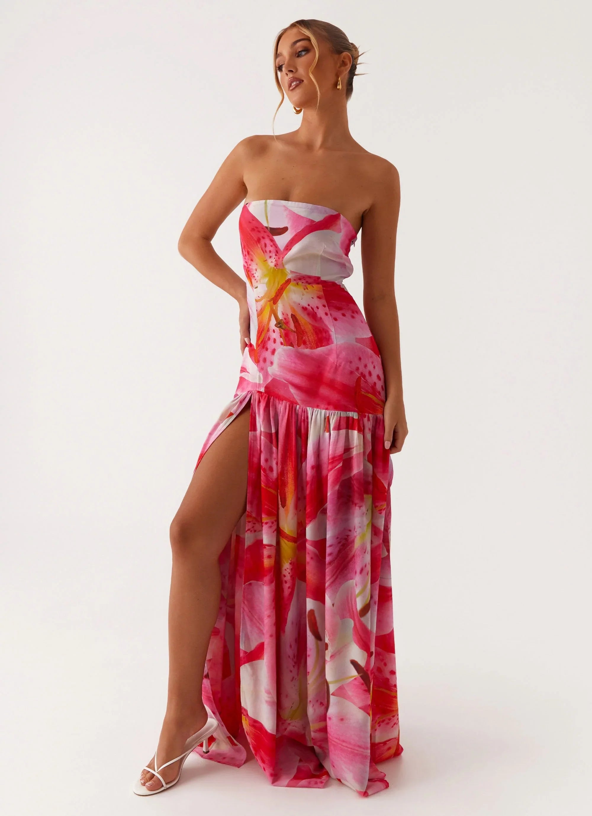 Eden Strapless Maxi Dress - White Pink Lily