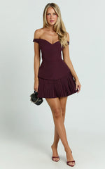 Izara Mini Dress - Off-Shoulder Pleated Dress in Wine