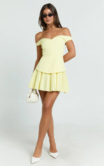 Izara Mini Dress - Off-Shoulder Pleated Dress in Lemon