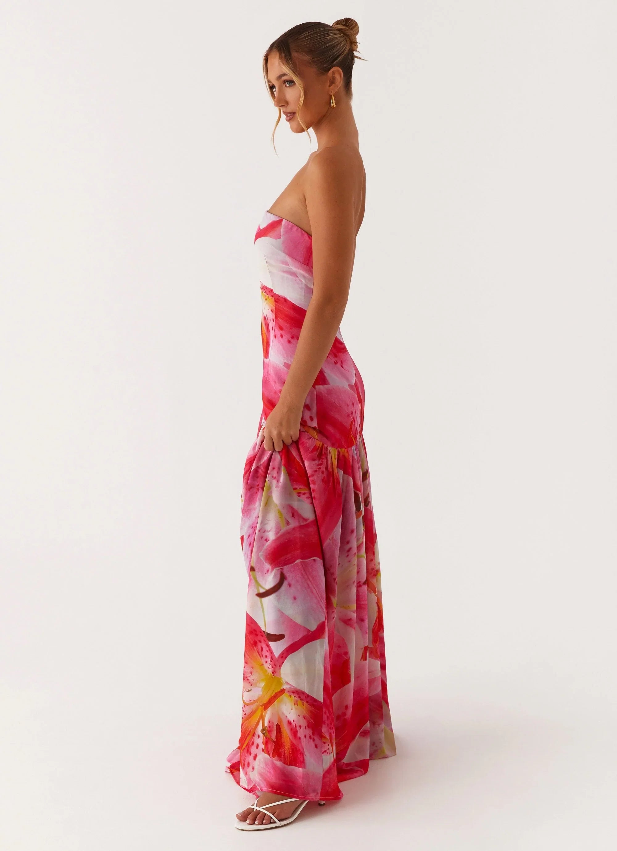 Eden Strapless Maxi Dress - White Pink Lily