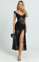 Tatum Midi Dress - Lace Off-Shoulder Side Split Dress in Black