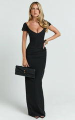 Veronika Maxi Dress - Off-Shoulder Plunge High Split Dress in Black