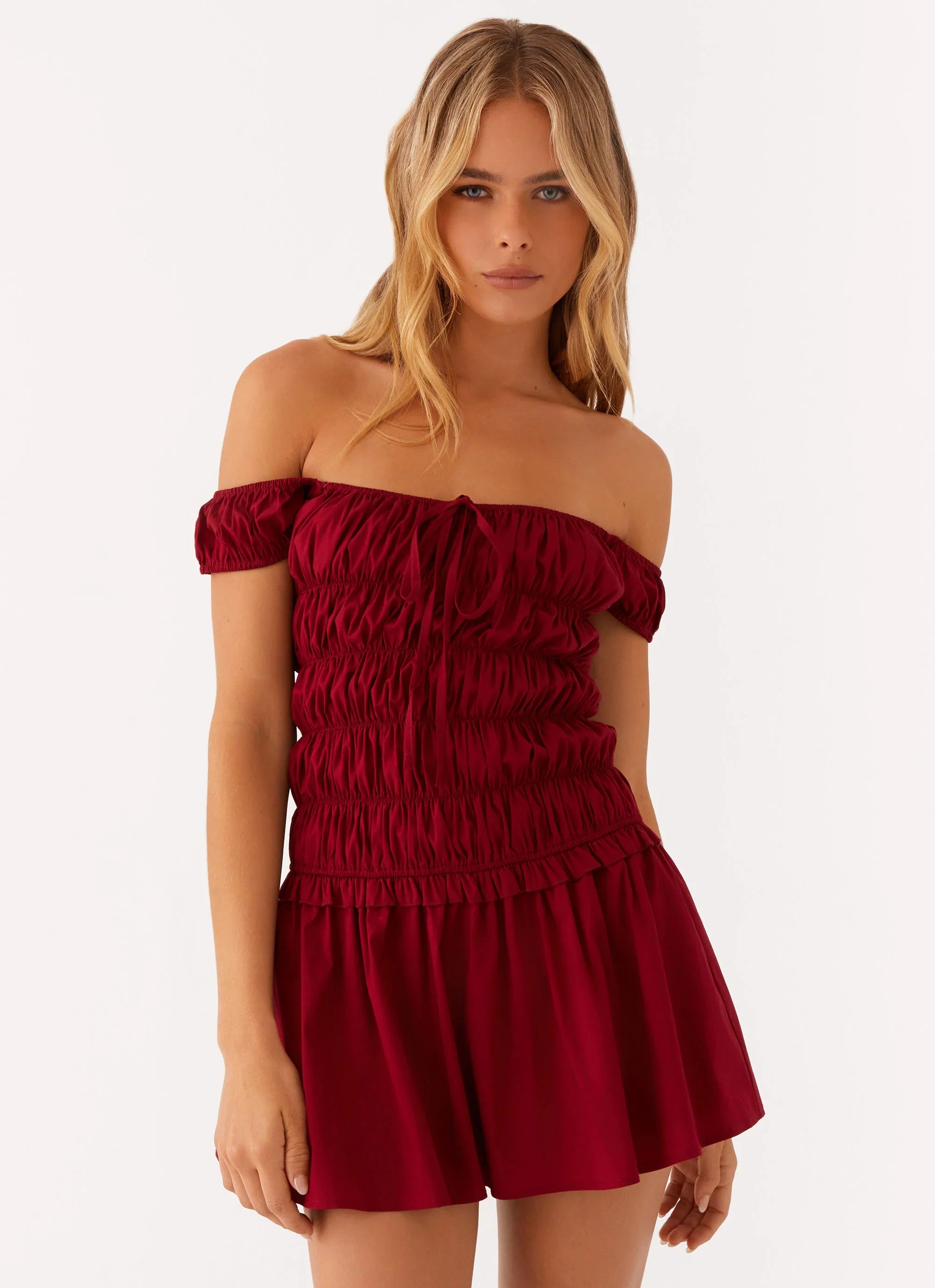 Countryside Off-the-Shoulder Mini Dress - Deep Red