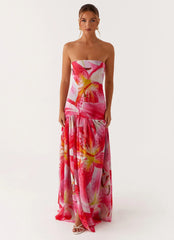 Eden Strapless Maxi Dress - White Pink Lily