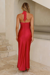 Luxury Satin Halter Neck Maxi Dress Red
