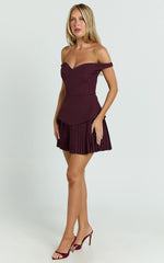 Izara Mini Dress - Off-Shoulder Pleated Dress in Wine