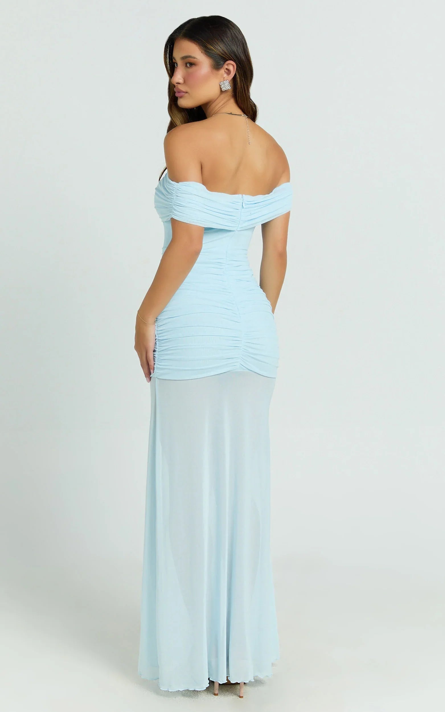 Leticia Maxi Dress - Blue Mesh Off Shoulder Ruched High Split Dress