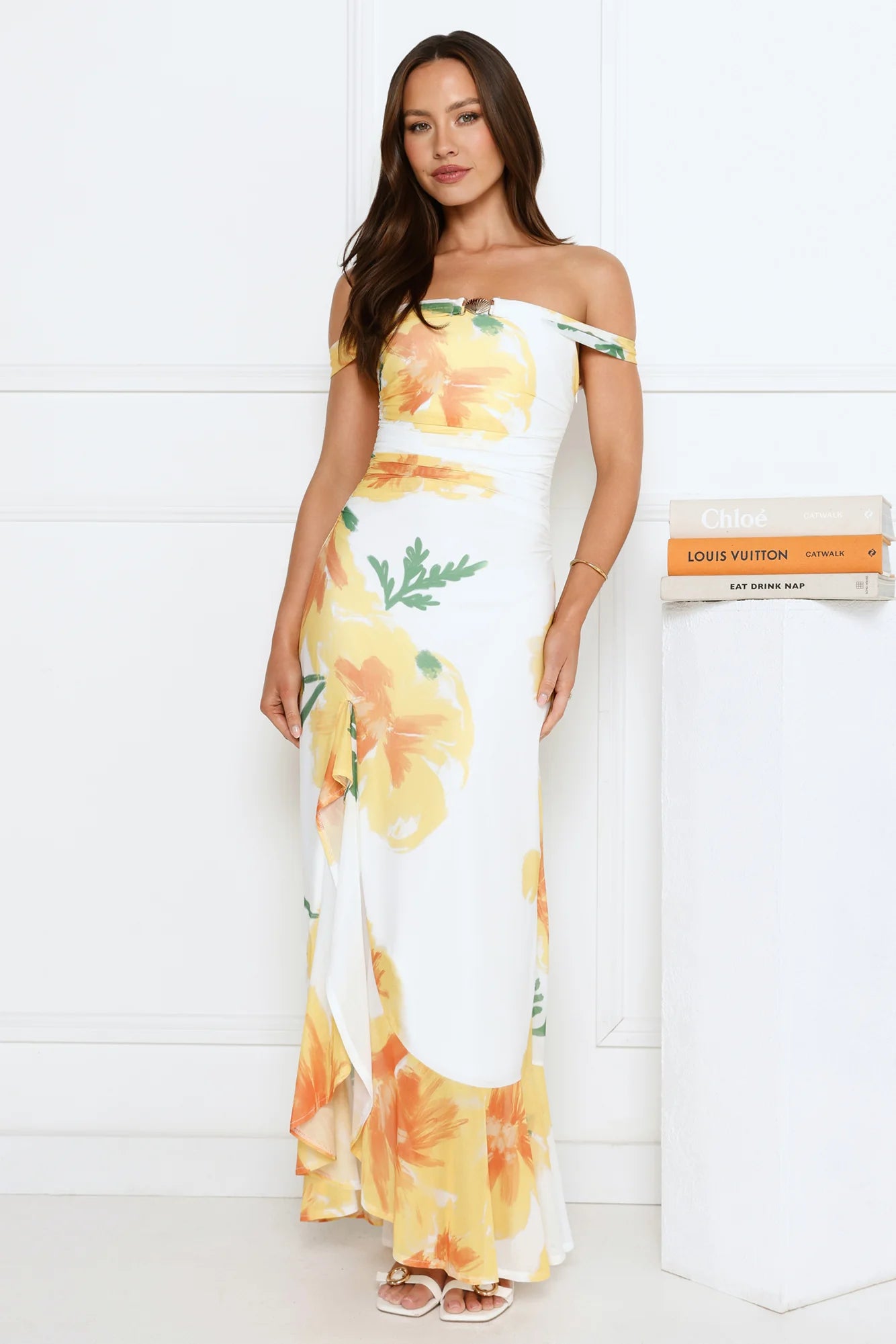 Crown Affair Off-Shoulder Mesh Maxi Dress White