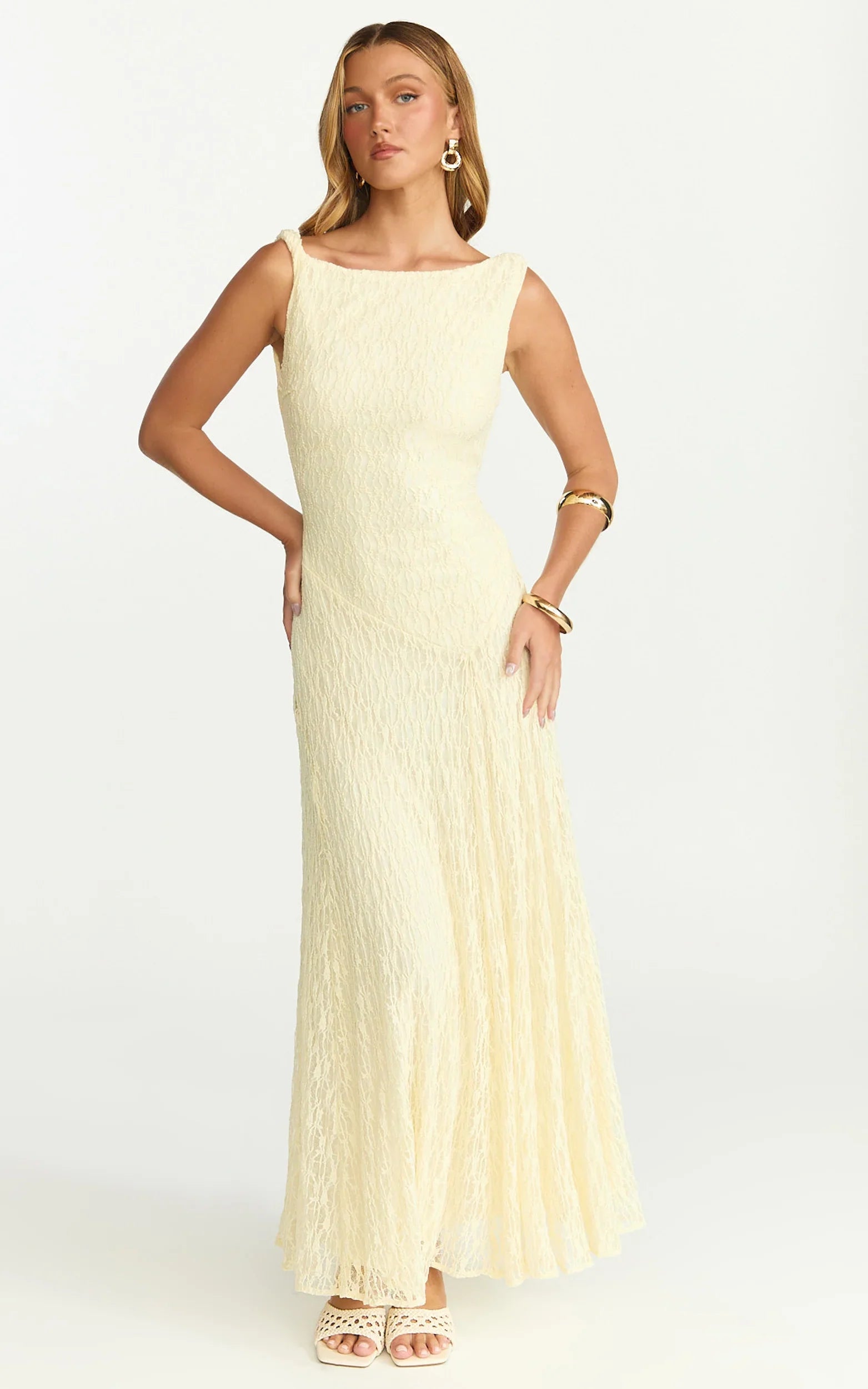 Madeleine Maxi Dress - High Neck A-Line Dress in Lemon