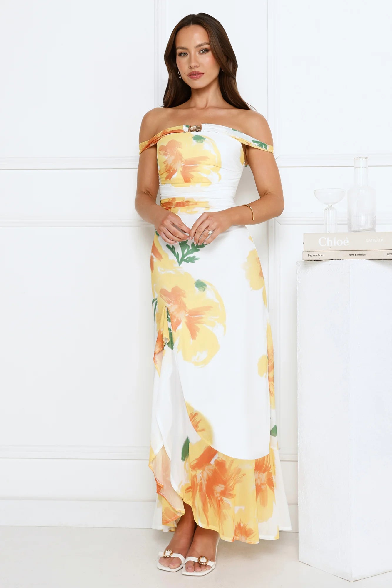 Crown Affair Off-Shoulder Mesh Maxi Dress White