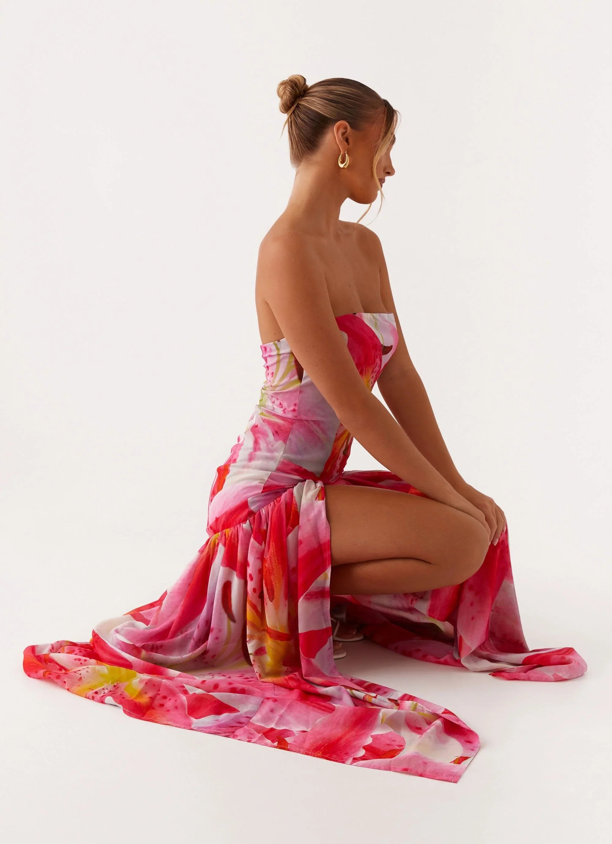 Eden Strapless Maxi Dress - White Pink Lily