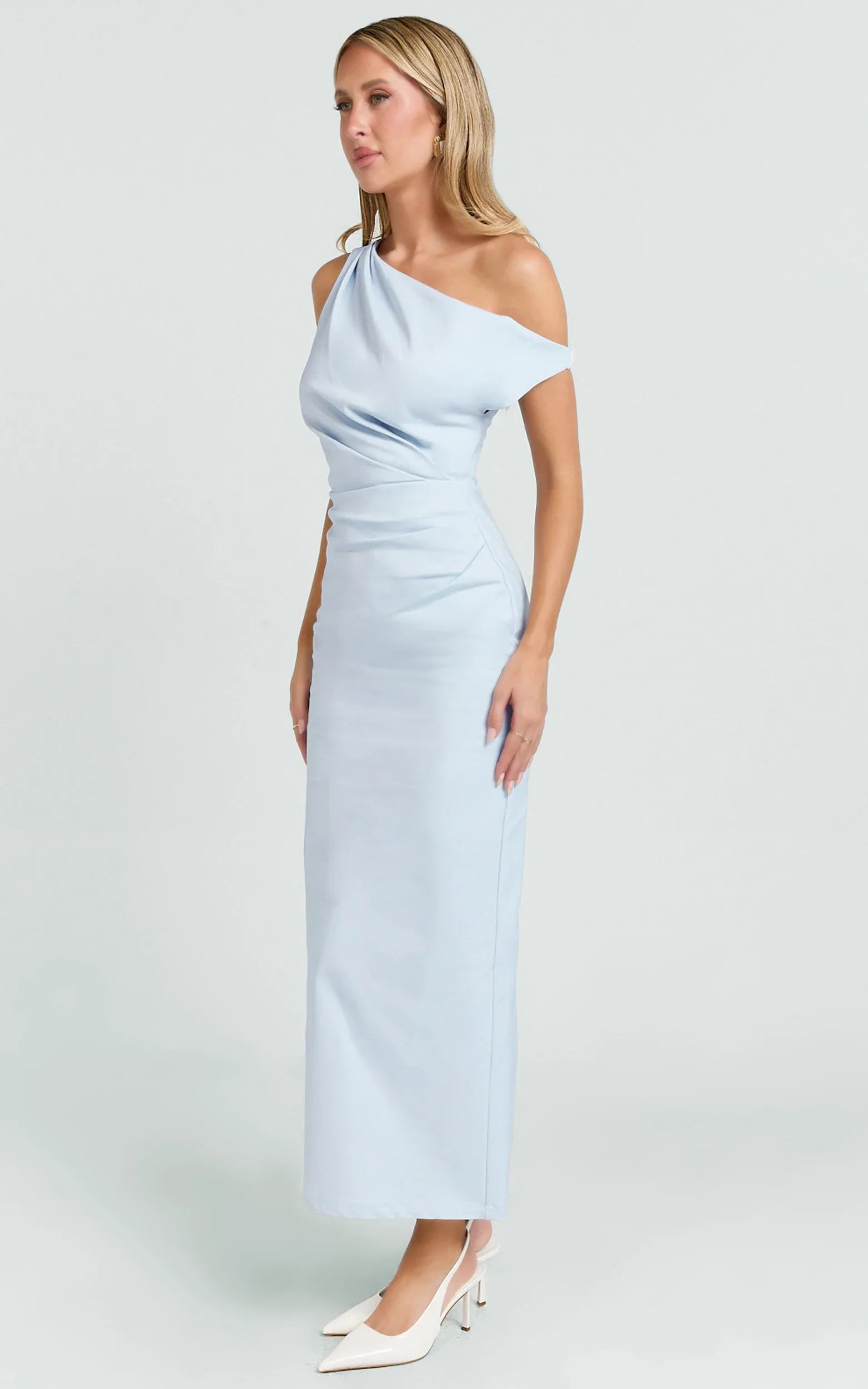 Alexandria Midi Dress - Blue Draped Fitted Dress with Shoulder Detail