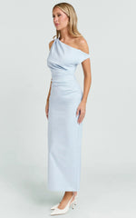Alexandria Midi Dress - Blue Draped Fitted Dress with Shoulder Detail