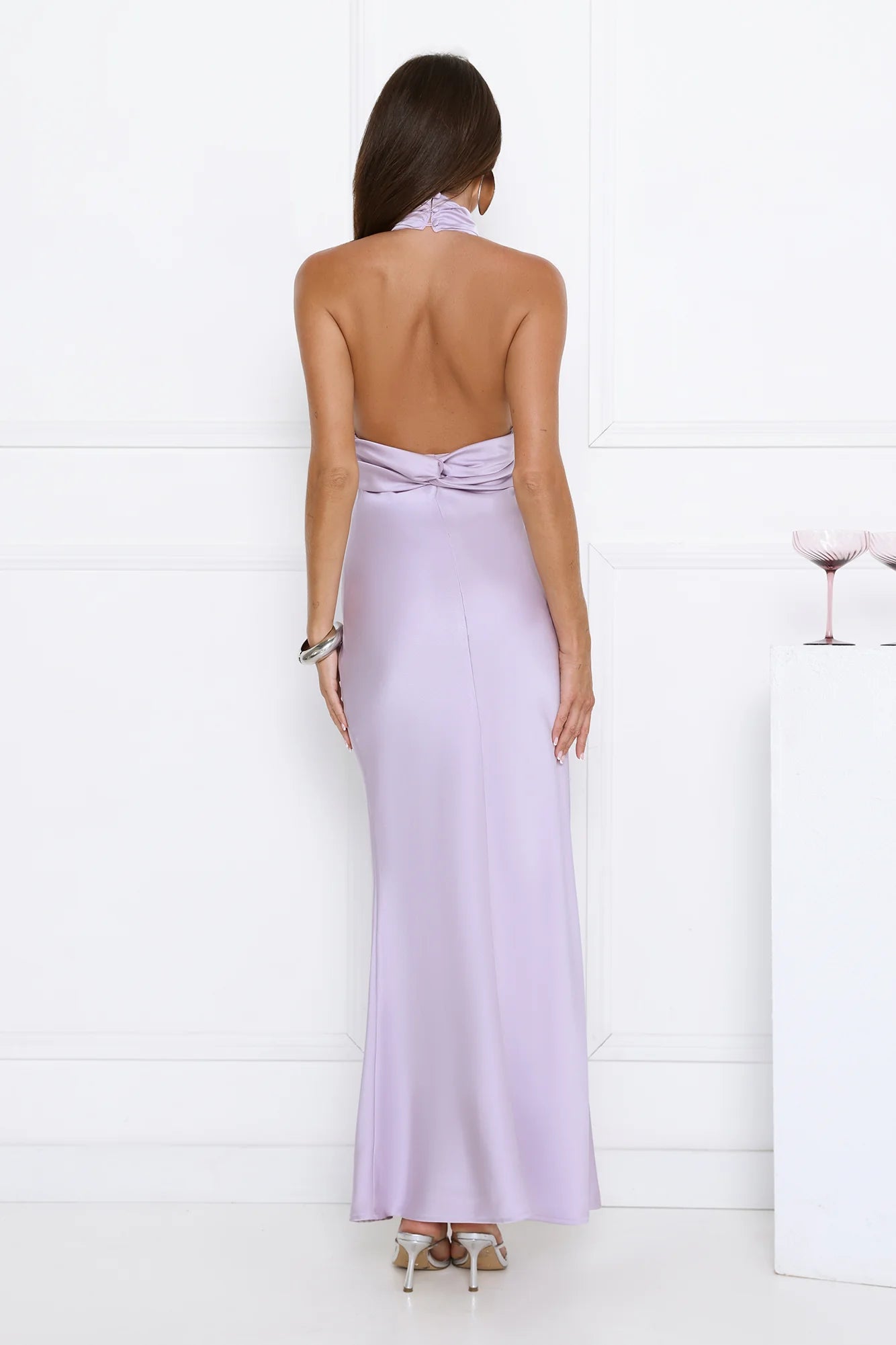 Robe longue en satin à licou Summer Flame Kiss Lilas