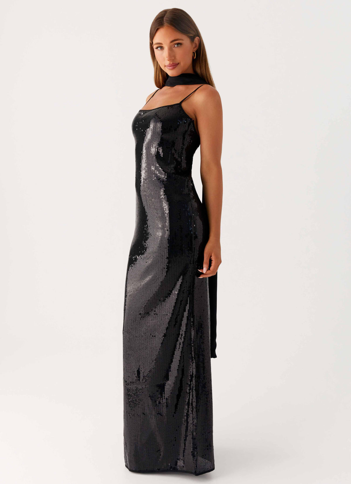 Scarf Neck Sequin Maxi Dress - Black