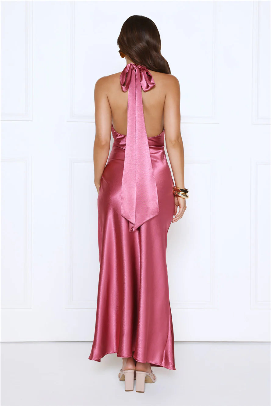 Cherry Glow Halter Satin Maxi Dress Pink