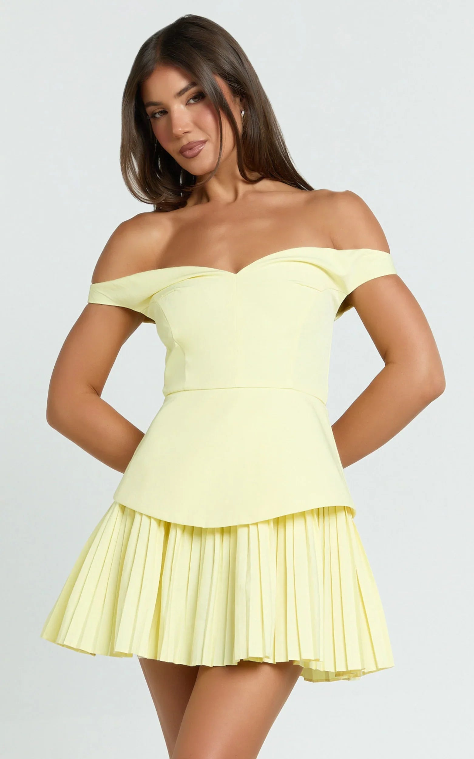 Izara Mini Dress - Off-Shoulder Pleated Dress in Lemon