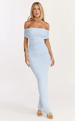 Caterina Maxi - Robe en mesh froncée à épaules dénudées bleu pâle