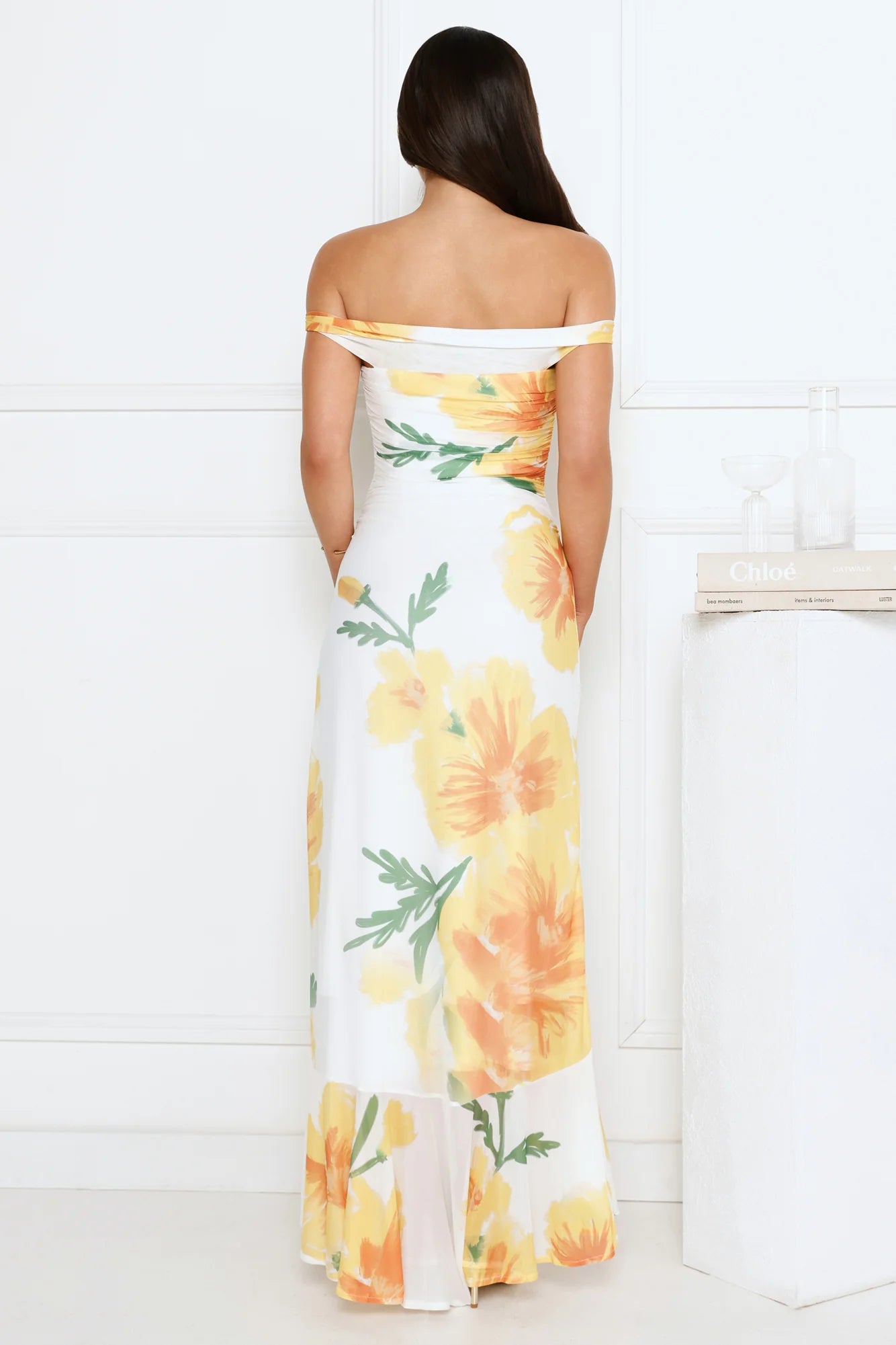 Crown Affair Off-Shoulder Mesh Maxi Dress White