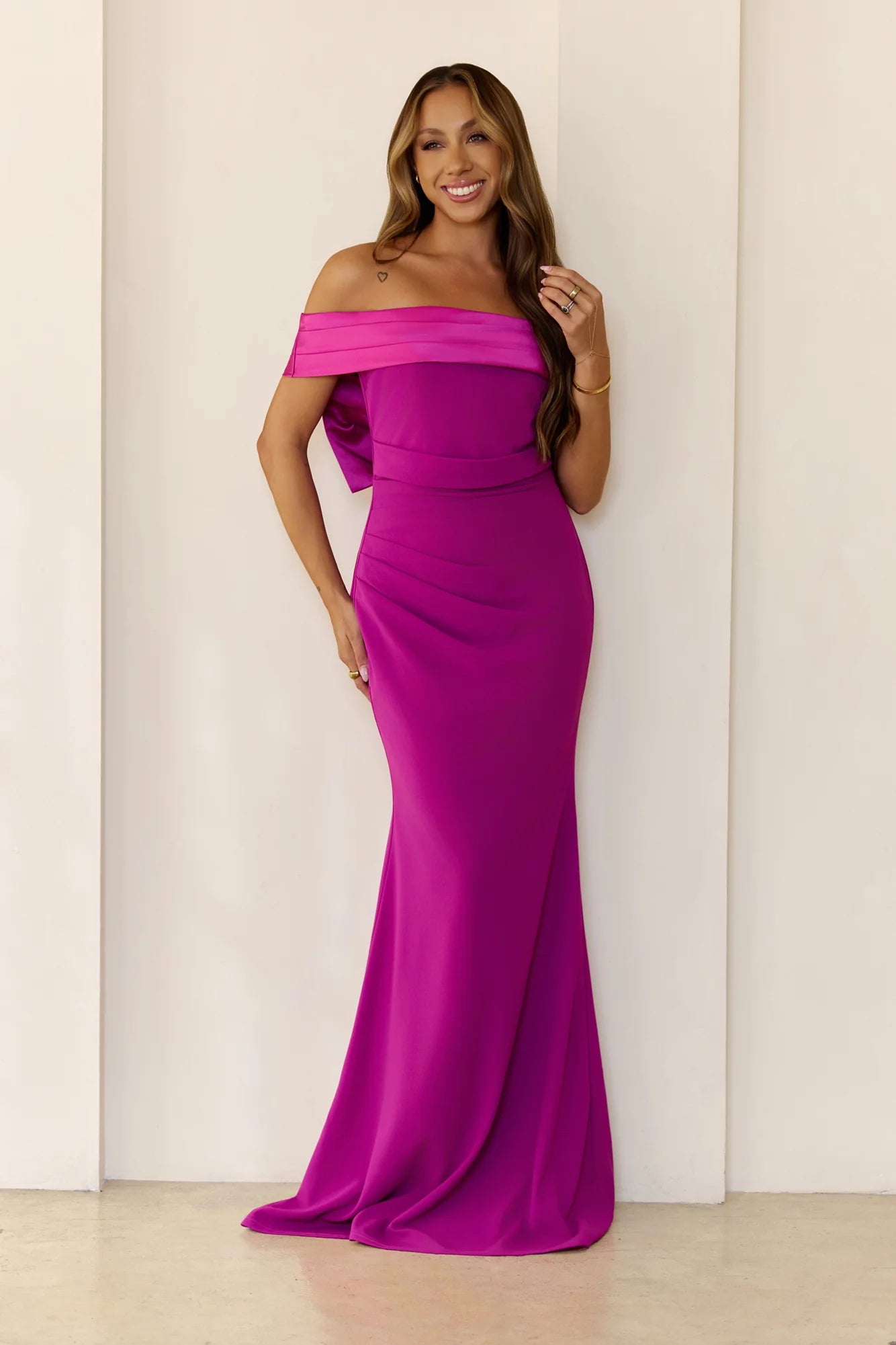 The Sleek Soiree Off Shoulder Maxi Dress Plum