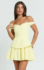 Izara Mini Dress - Off-Shoulder Pleated Dress in Lemon