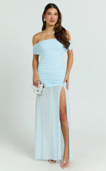 Leticia Maxi Dress - Blue Mesh Off Shoulder Ruched High Split Dress