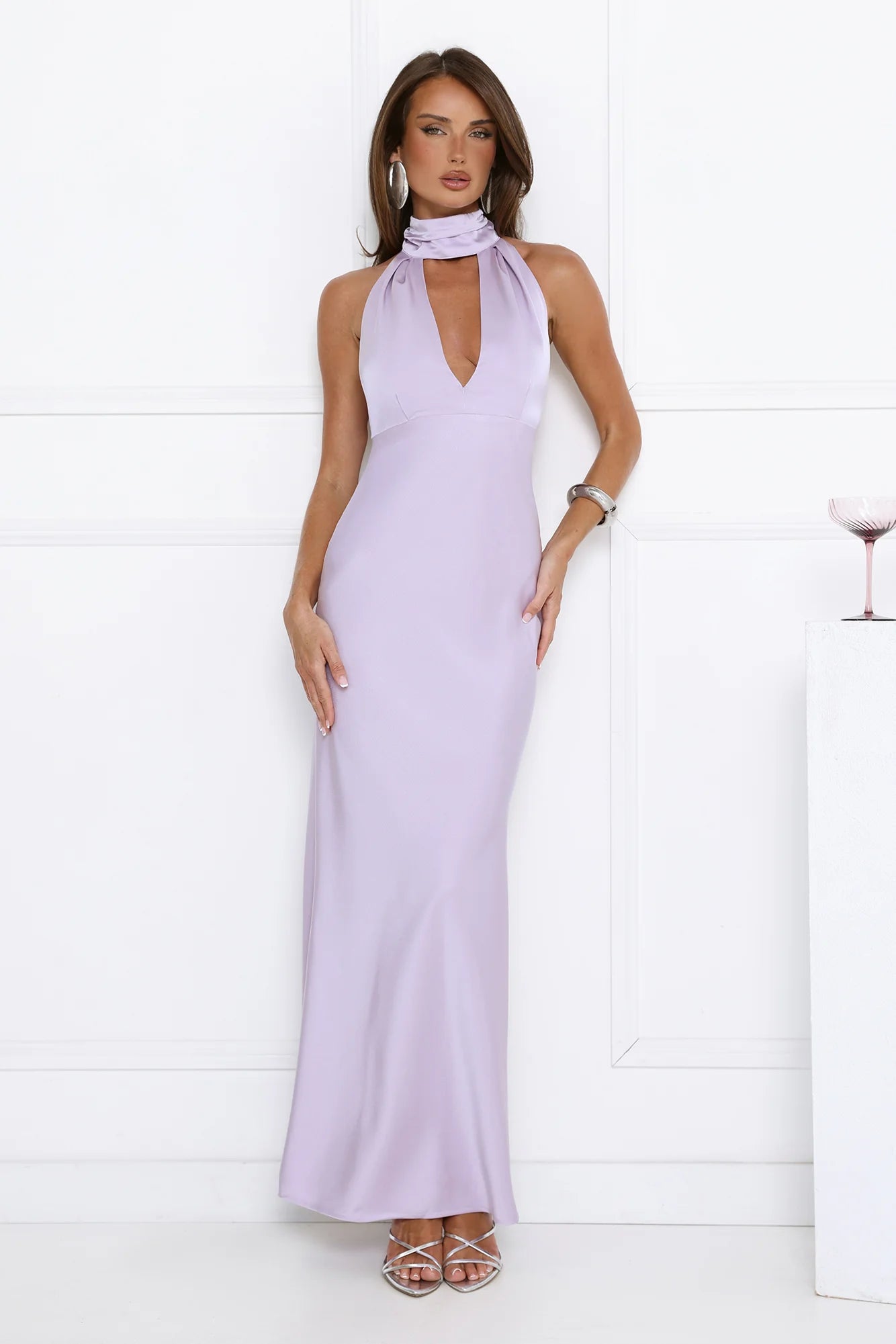 Robe longue en satin à licou Summer Flame Kiss Lilas