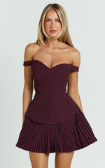 Izara Mini Dress - Off-Shoulder Pleated Dress in Wine