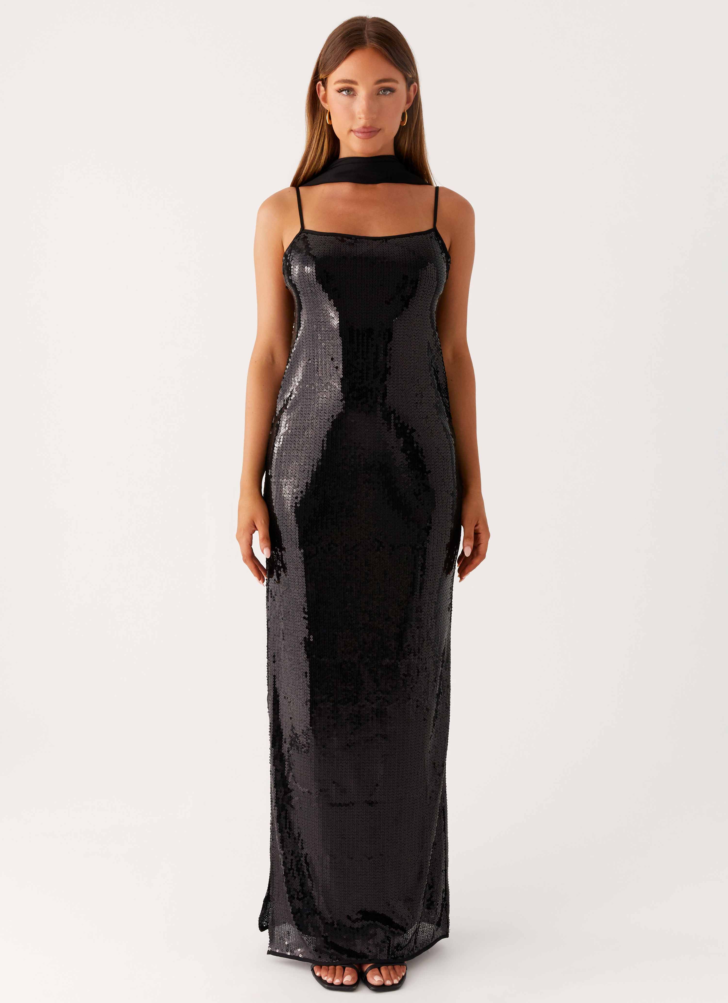 Scarf Neck Sequin Maxi Dress - Black