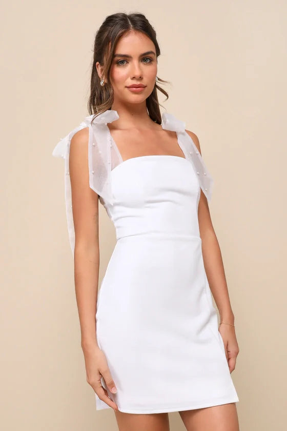Robe Courte Organza Rose Perle Bretelles Fines Beaming Perfection