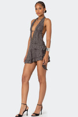 Mini-robe dos nu déchiquetée à col bénitier